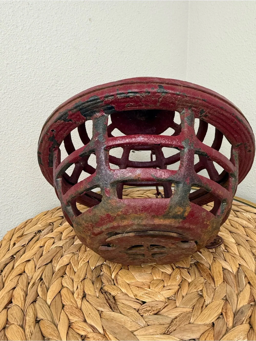 Vintage Japanese Hand-Cast Iron Orb Hanging Lantern Dark Red Maroon Garden Lamp